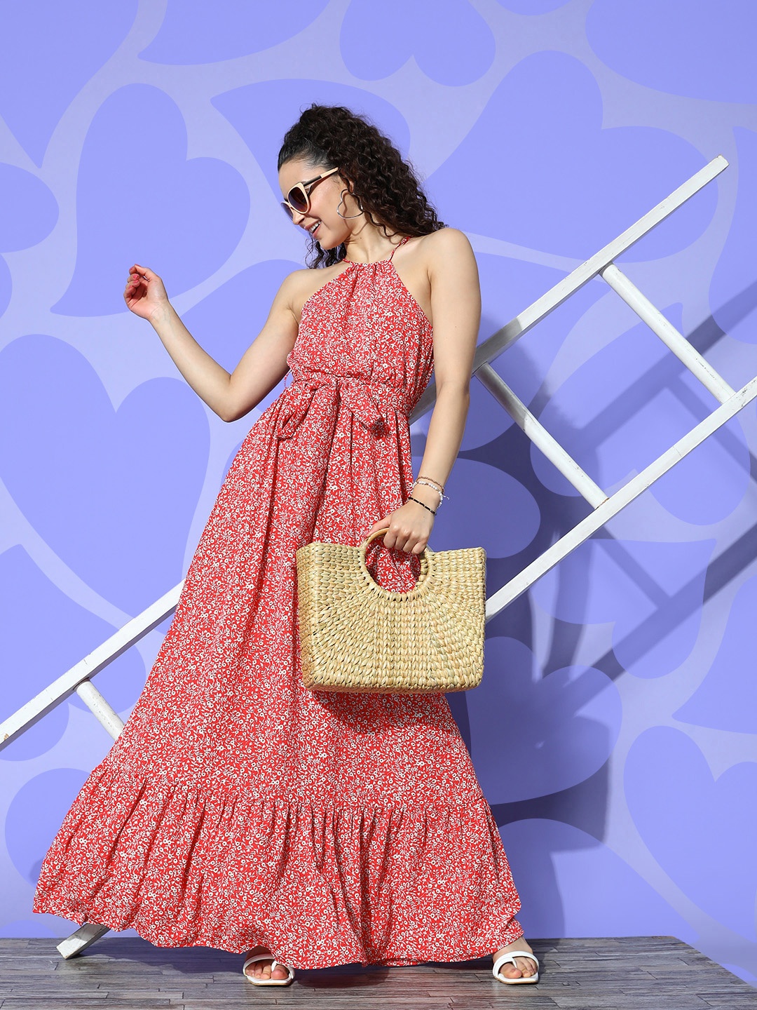 

Berrylush Floral Halter Neck Crepe Maxi Dress, Red