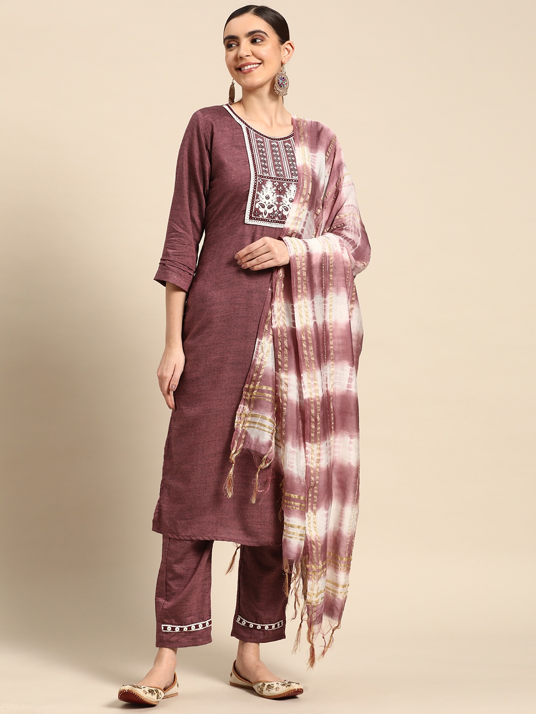 

Sangria Ethnic Motifs Embroidered Mirror Work Detail Kurta with Trousers & Dupatta, Maroon