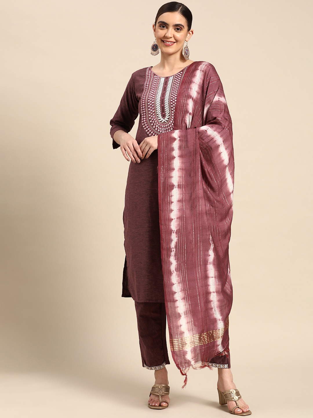 

Sangria Ethnic Motifs Embroidered Mirror Work Detail Kurta with Trousers & Dupatta, Maroon