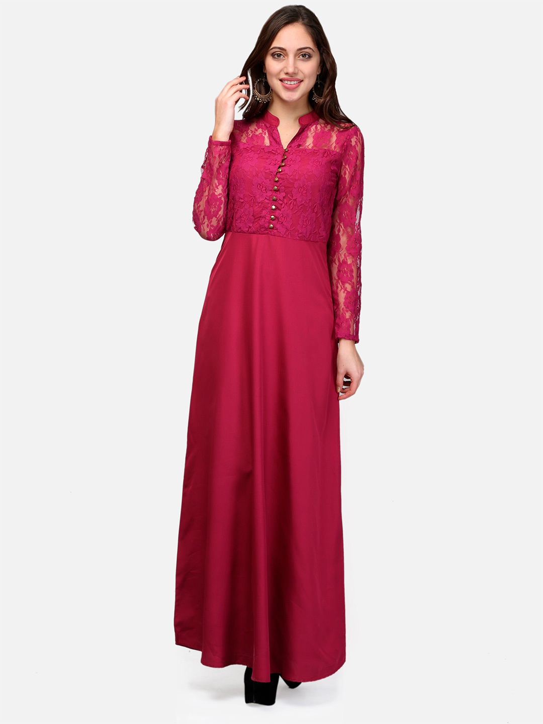 

V&M Self Design Mandarin Collar Fit & Flare Maxi Dress, Pink