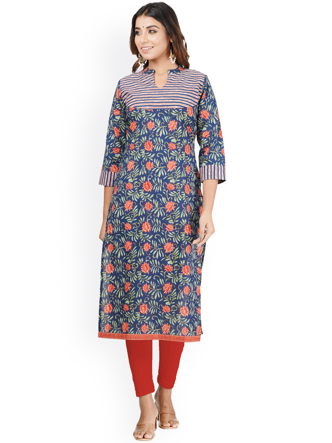

PARCHHAI Women Geometric Printed Floral Pure Cotton Kurta, Blue