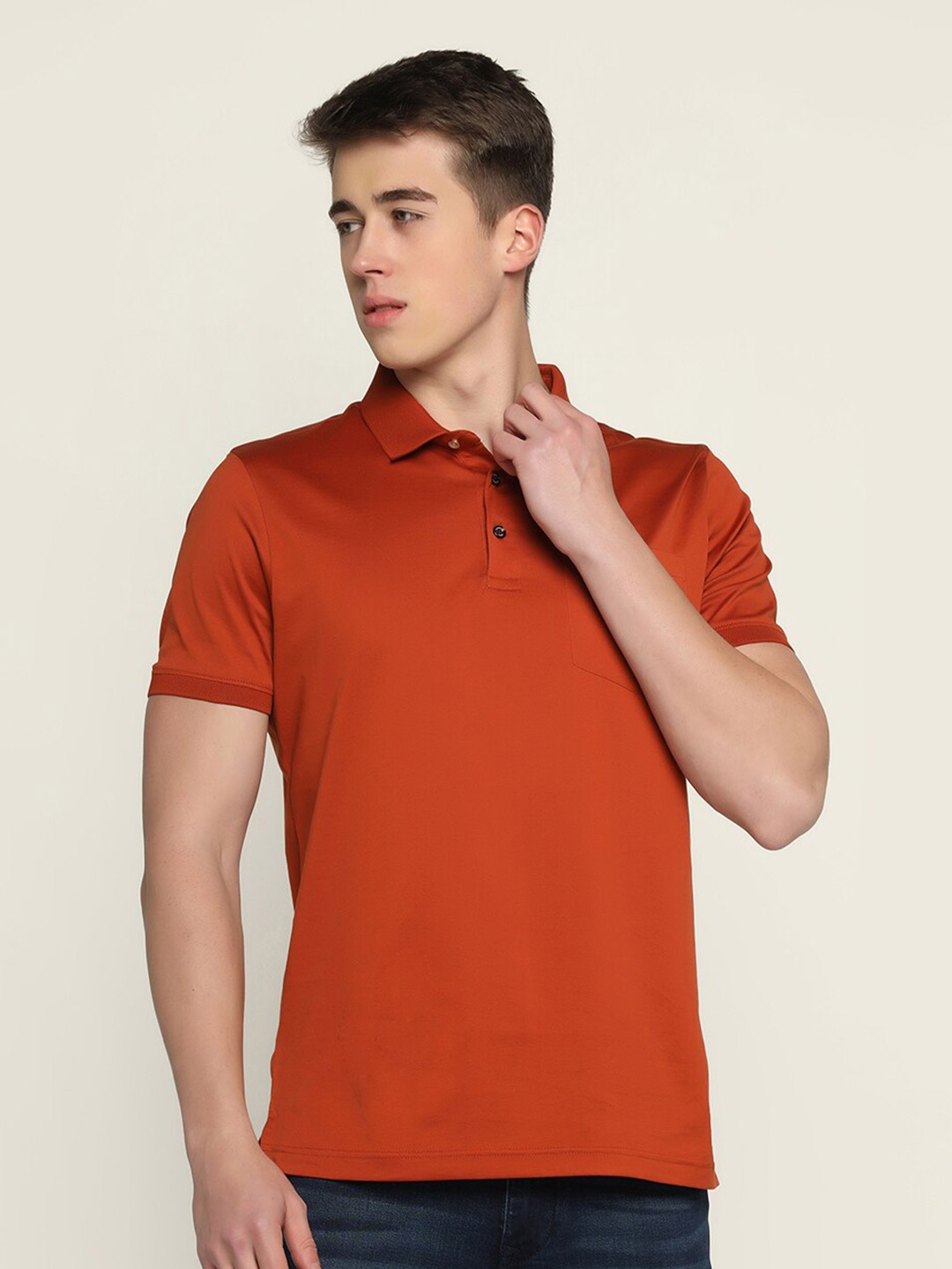 

Blackberrys Men Pure Cotton Polo Collar Slim Fit T-shirt, Rust