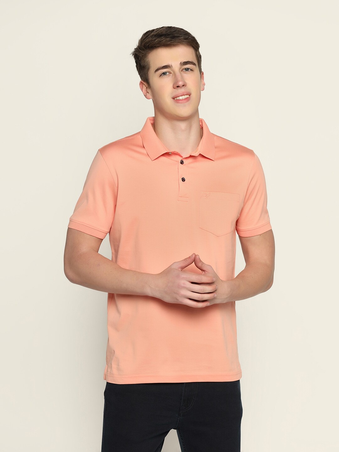 

Blackberrys Men Polo Collar Slim Fit Pure Cotton T-shirt, Peach