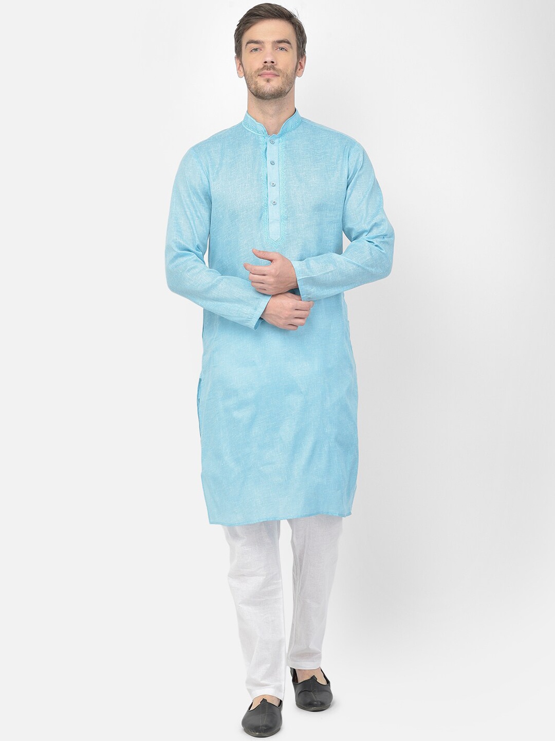 

SG LEMAN Men Thread Work Kurta with Pyjamas, Turquoise blue