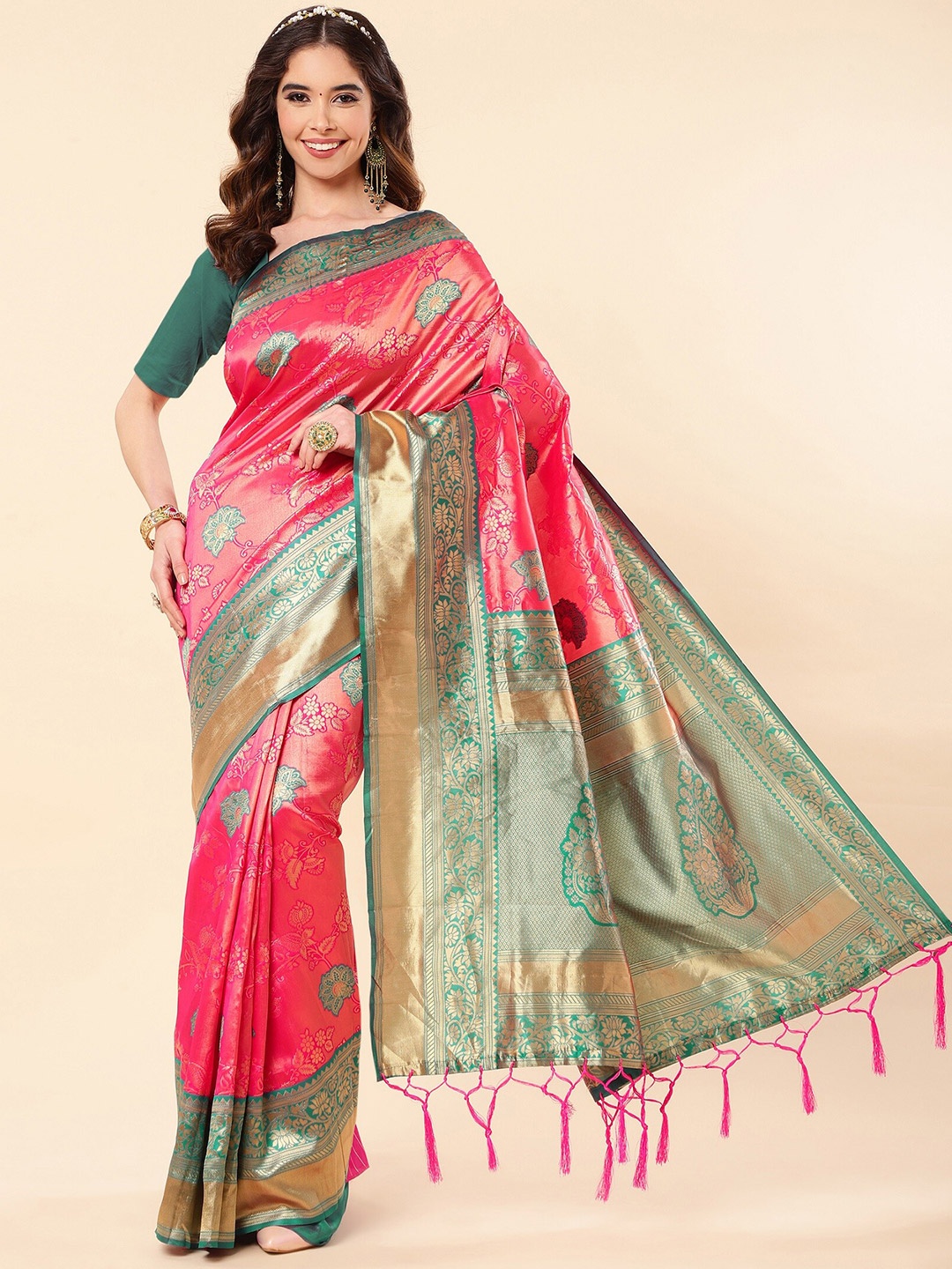 

ZIKARAA Woven Design Zari Pure Silk Banarasi Saree, Pink