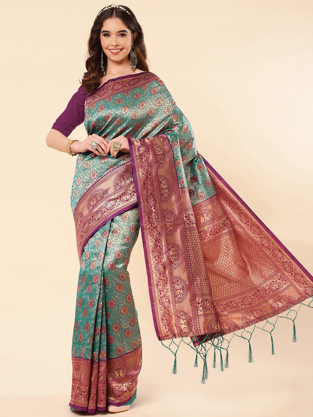 

ZIKARAA Ethnic Motifs Zari Pure Silk Banarasi Saree, Blue