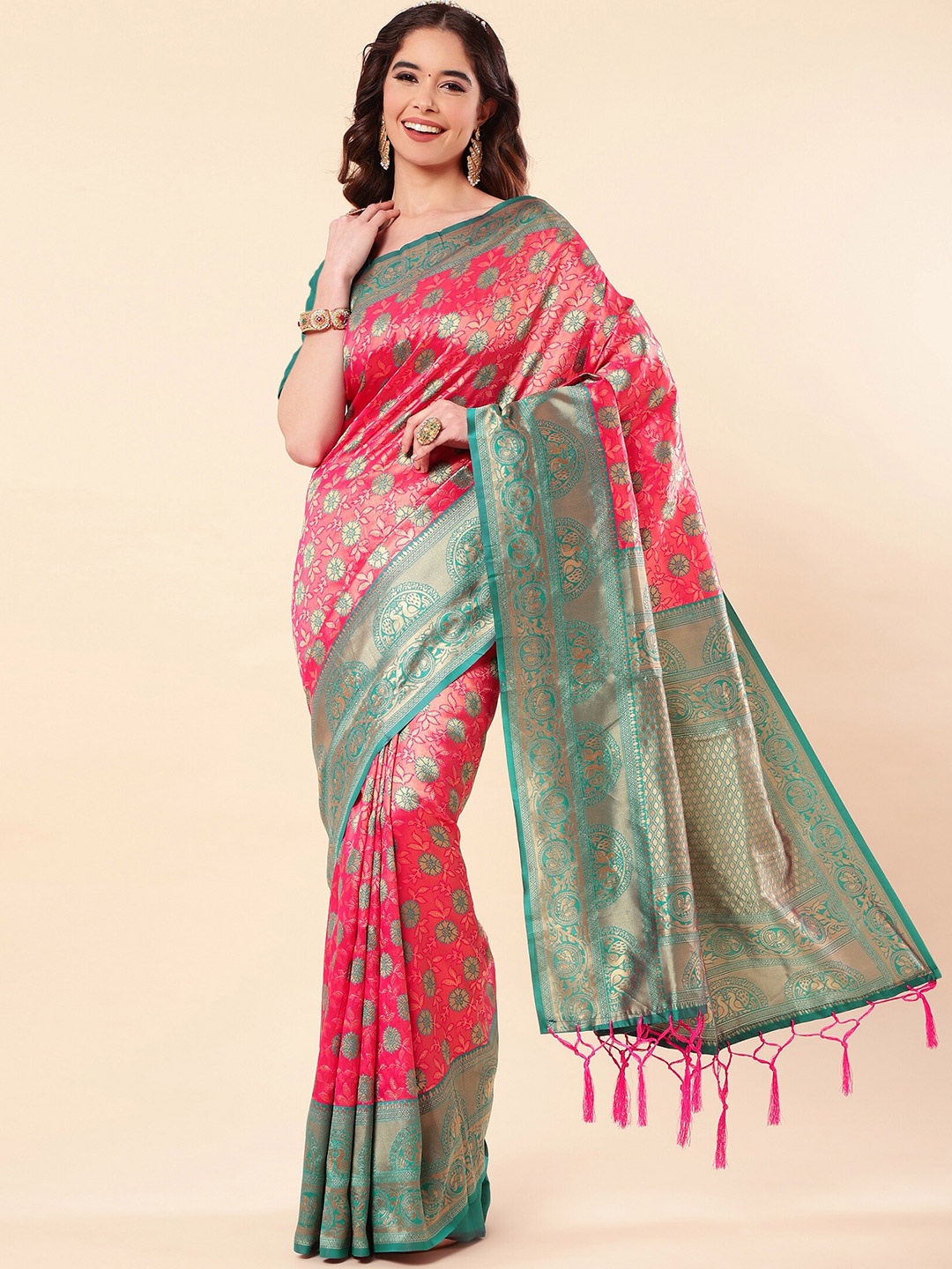 

ZIKARAA Ethnic Motifs Zari Pure Silk Banarasi Saree, Pink