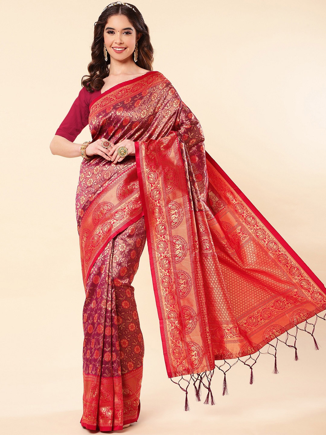 

ZIKARAA Woven Design Zari Pure Silk Banarasi Saree, Purple