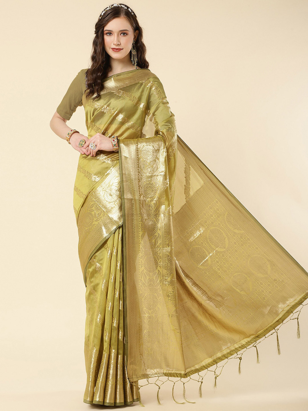 

ZIKARAA Woven Design Zari Organza Banarasi Saree, Olive