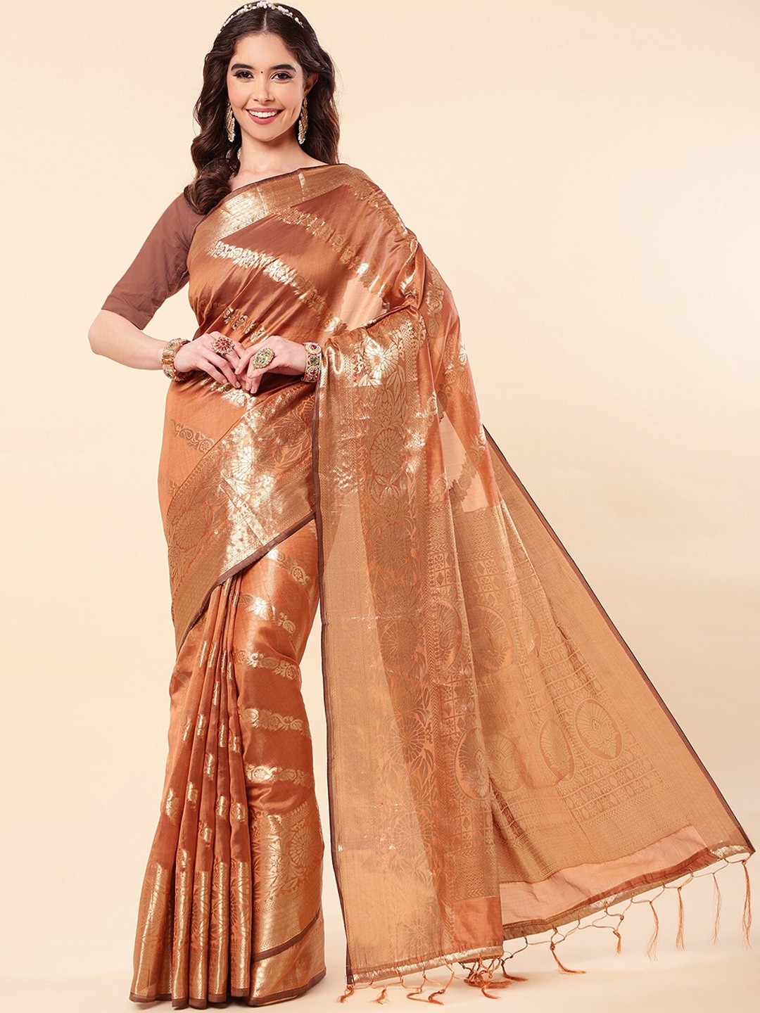 

ZIKARAA Woven Design Zari Organza Banarasi Saree, Brown