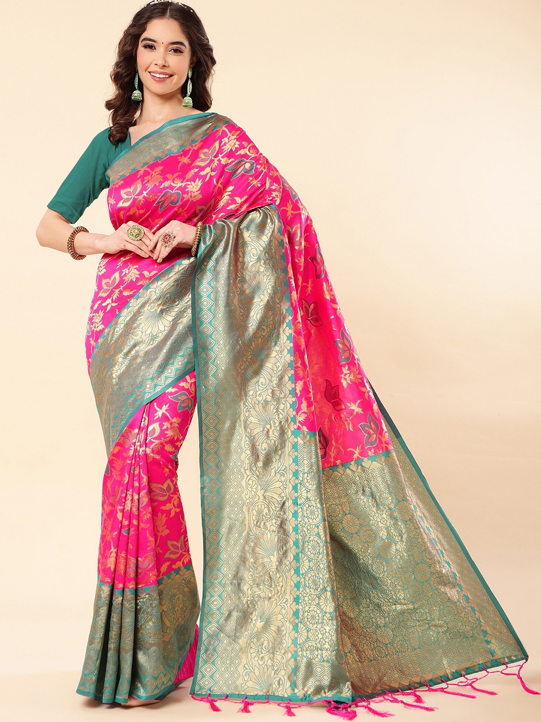 

ZIKARAA Ethnic Motifs Woven Design Zari Pure Silk Saree, Pink