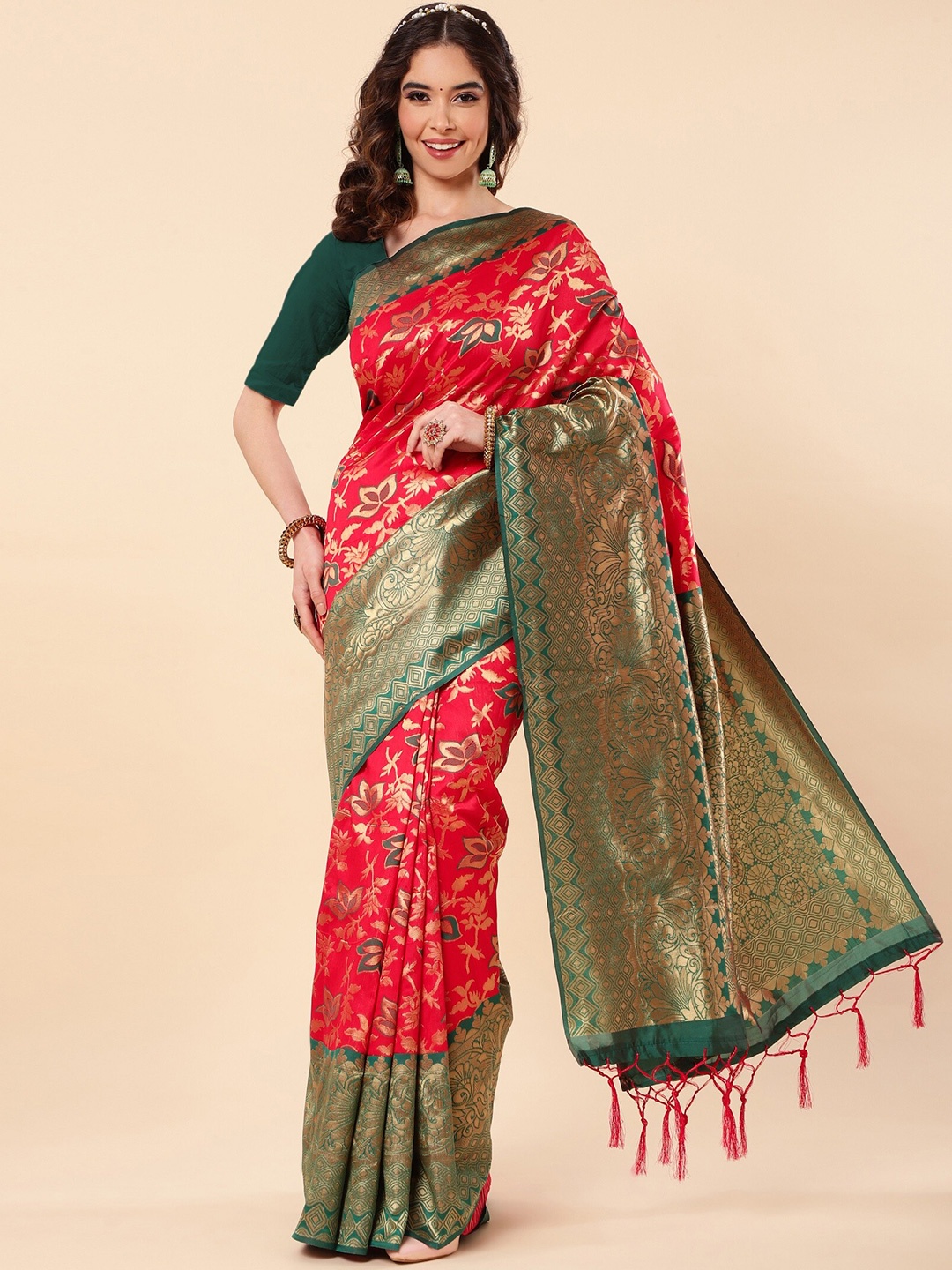 

ZIKARAA Woven Design Zari Pure Silk Banarasi Saree, Red