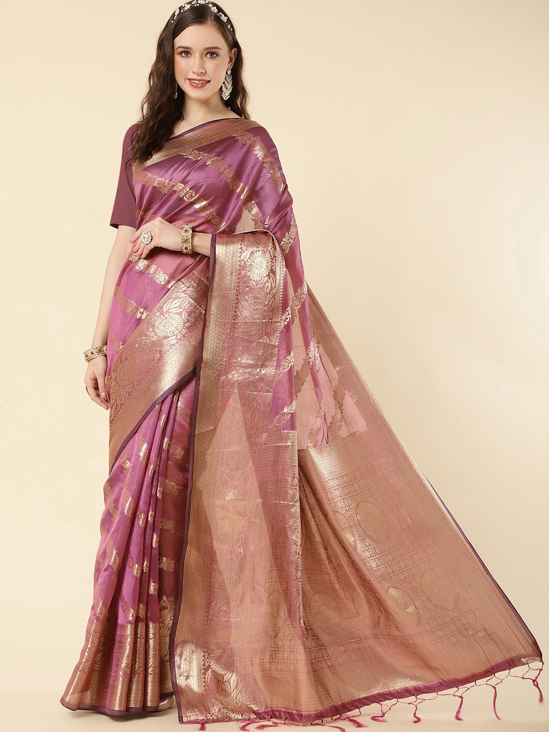 

ZIKARAA Woven Design Zari Organza Banarasi Saree, Purple