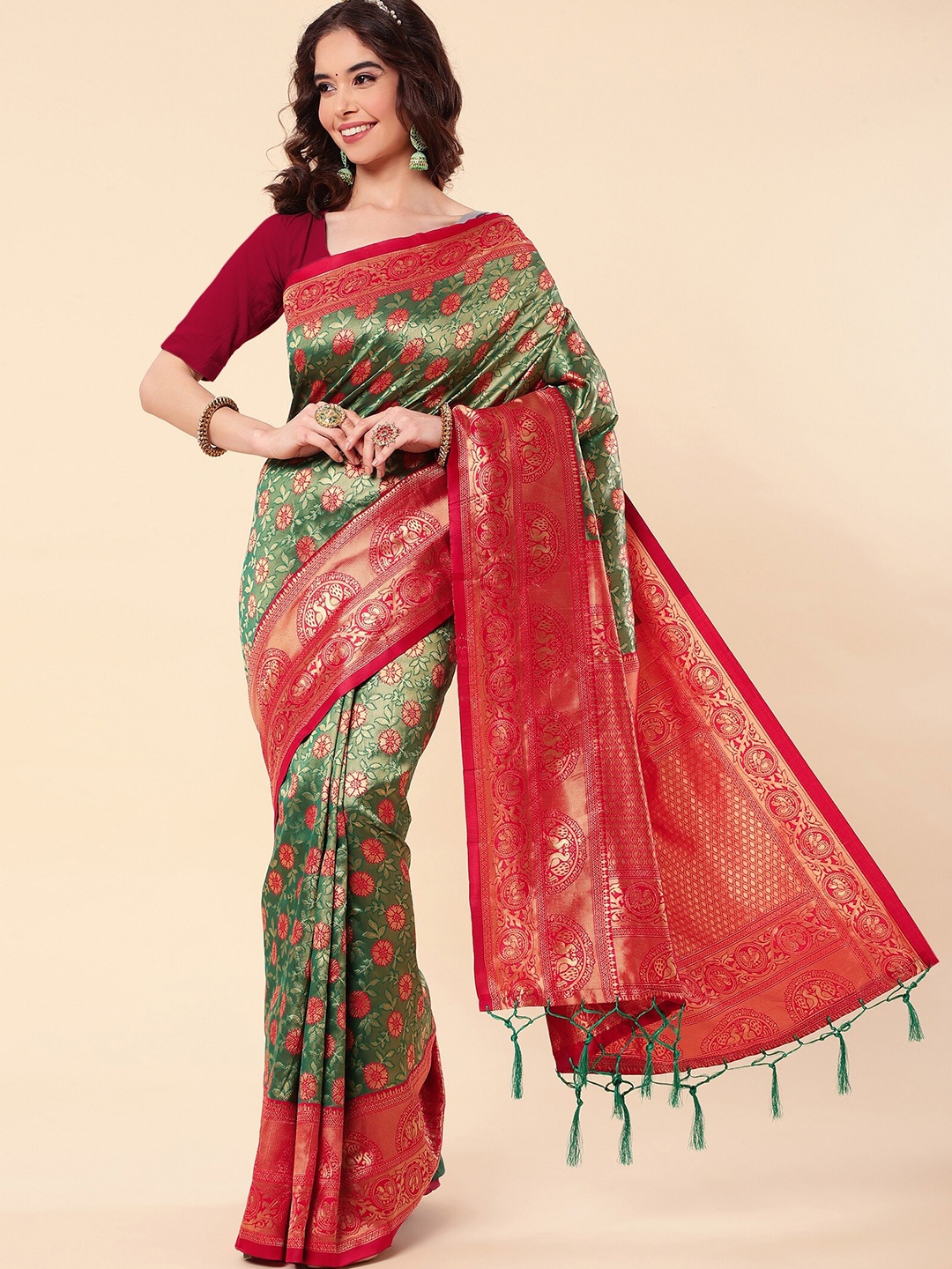 

ZIKARAA Woven Design Zari Pure Silk Banarasi Saree, Green