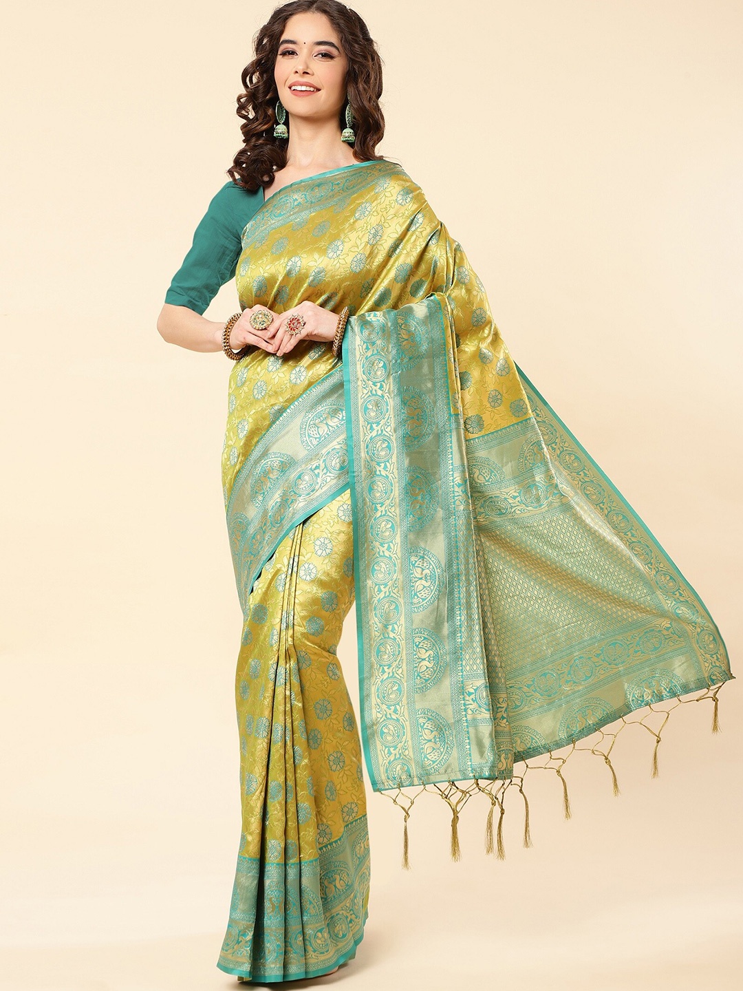 

ZIKARAA Ethnic Motifs Zari Pure Silk Banarasi Saree, Green