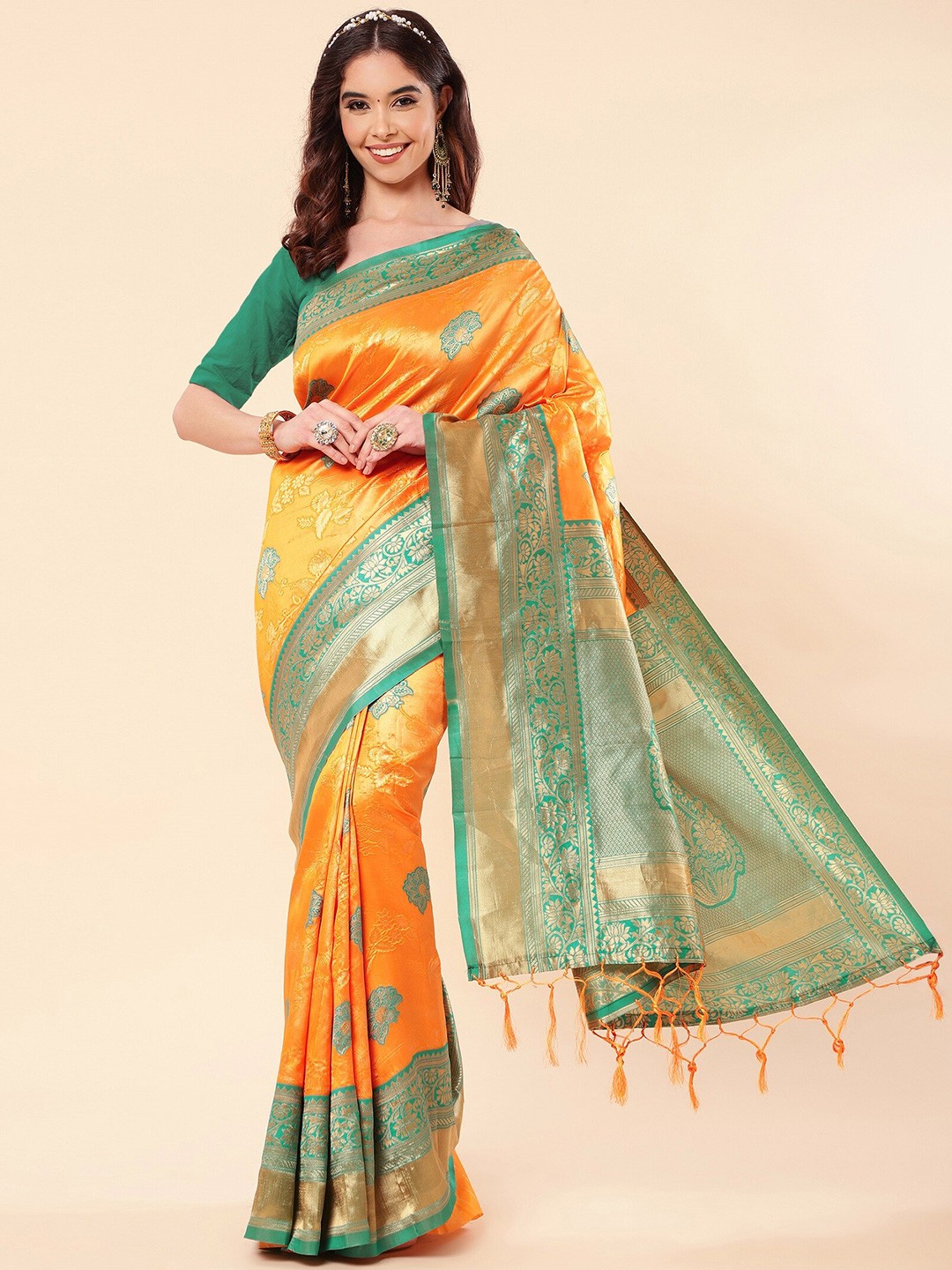 

ZIKARAA Ethnic Motifs Zari Pure Silk Banarasi Saree, Gold