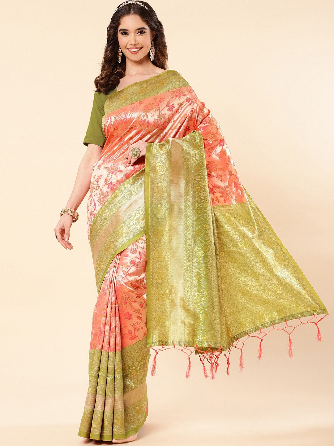 

ZIKARAA Ethnic Motifs Zari Pure Silk Banarasi Saree, Pink