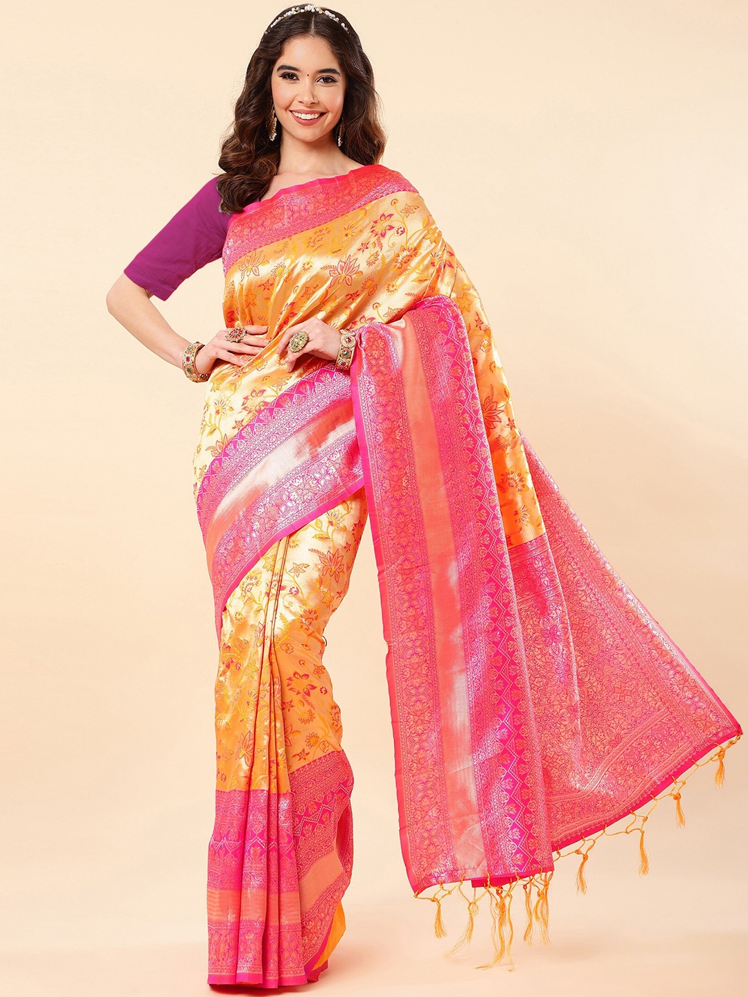 

ZIKARAA Ethnic Motifs Woven Design Zari Pure Silk Banarasi Saree, Gold