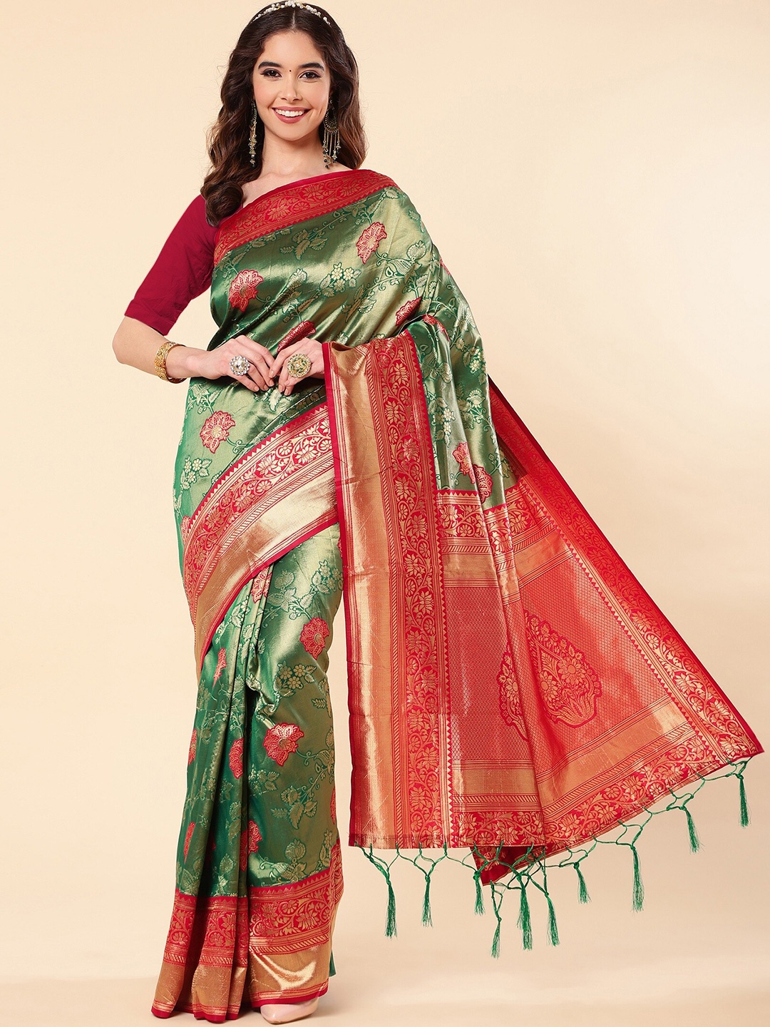 

ZIKARAA Woven Design Zari Pure Silk Banarasi Saree, Green