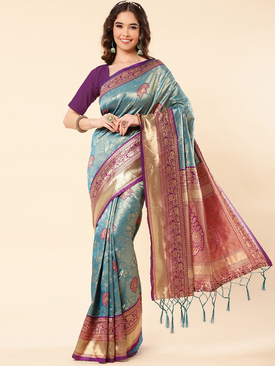 

ZIKARAA Woven Design Zari Pure Silk Banarasi Saree, Blue