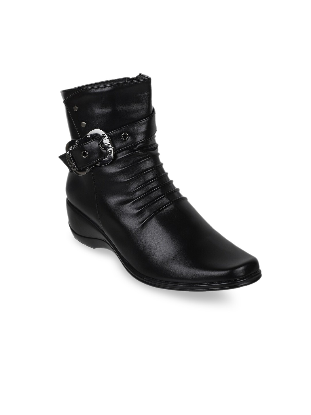 

SHUZ TOUCH Women Textured Detailed Mid-Top Monk Straps Boots, Black