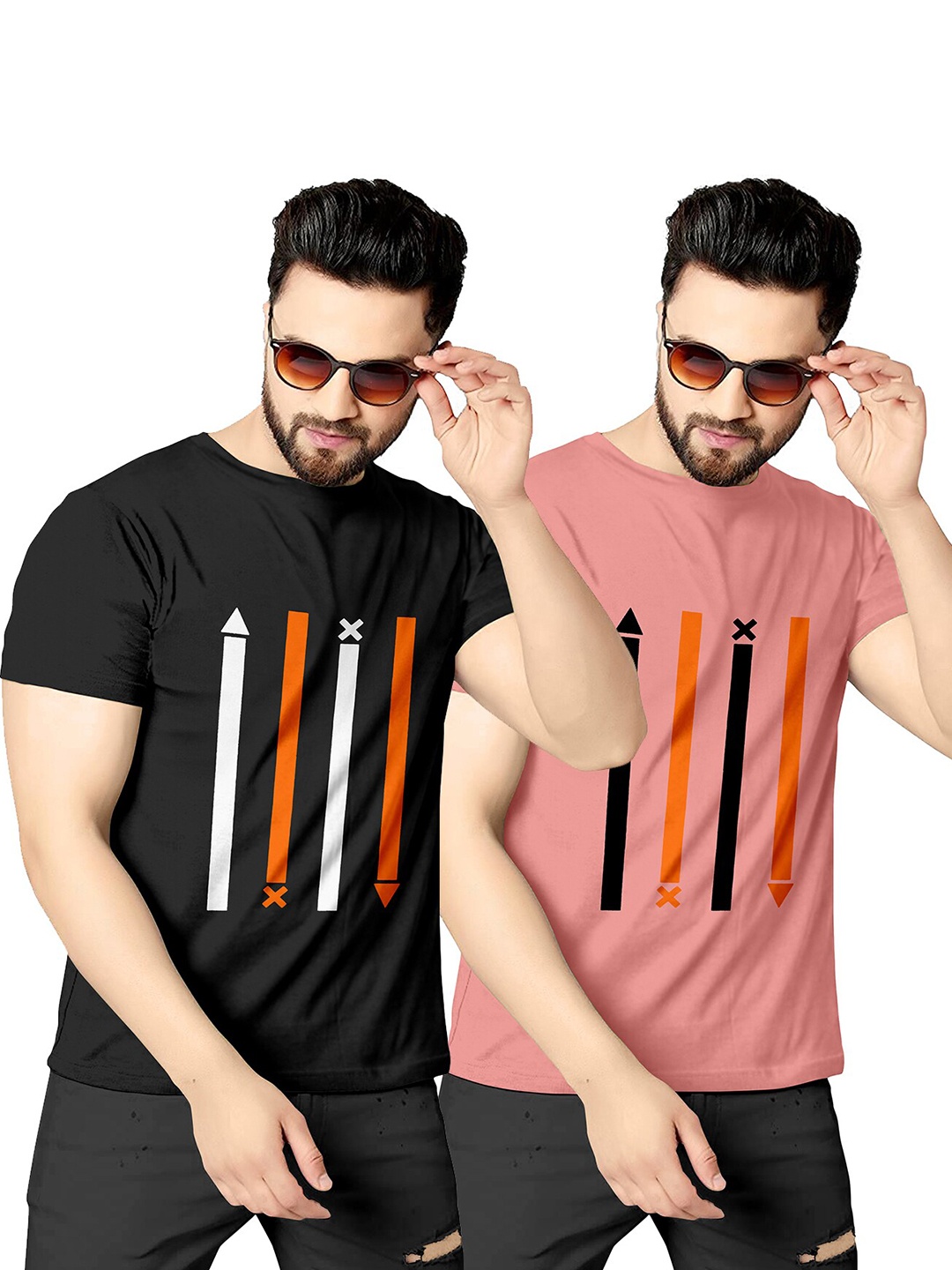 

KAJARU Men Pack Of 2 Geometric Printed Round Neck T-shirt, Black