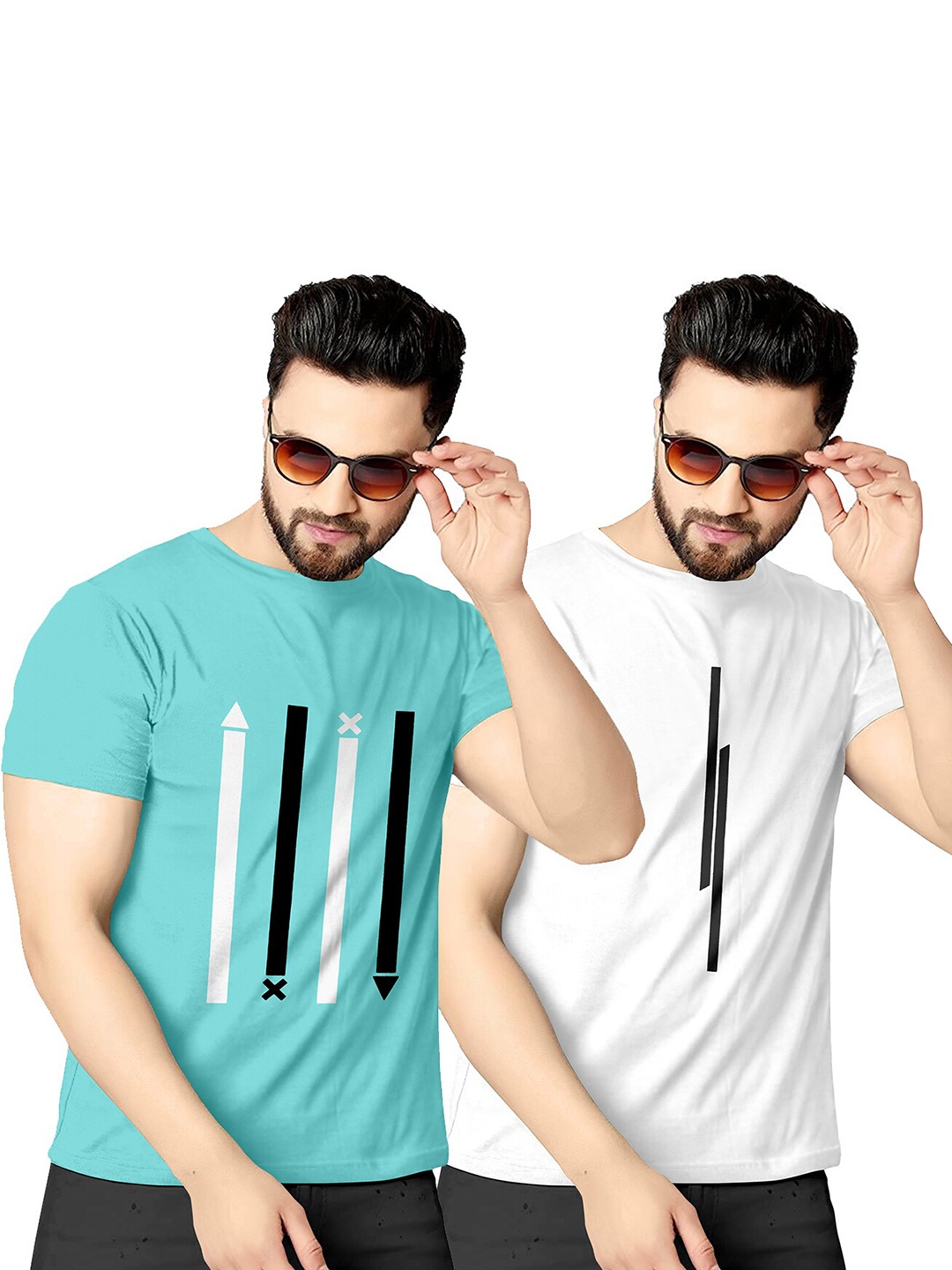 

KAJARU Men Pack of 2 Round Neck Printed T-shirts, Blue