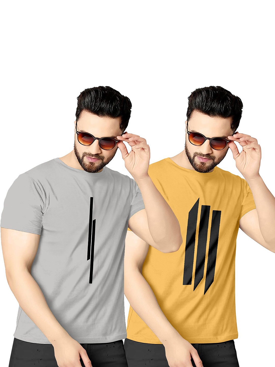 

KAJARU Pack Of 2 Men Geometric Printed Round Neck T-shirt, Grey