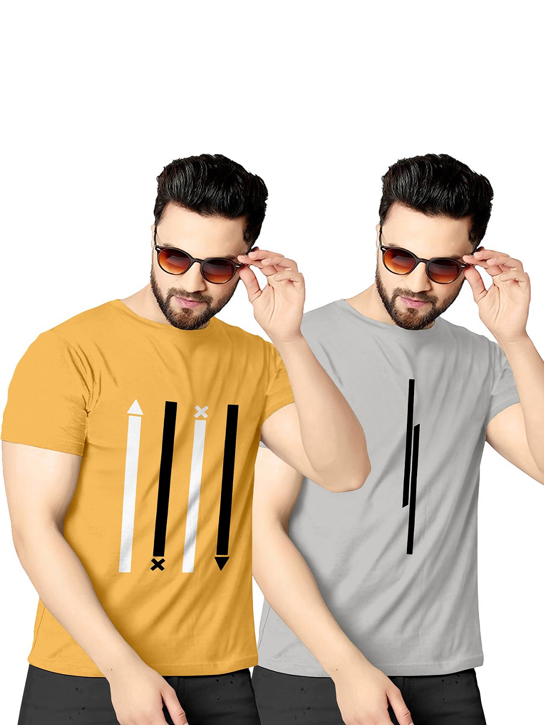 

KAJARU Men Pack of 2 Striped T-shirt, Yellow