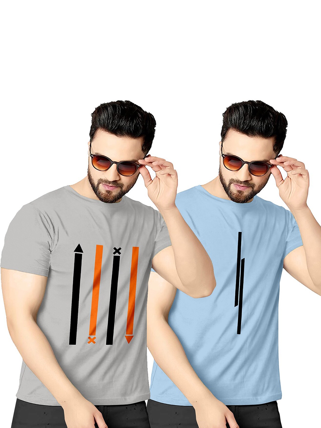 

KAJARU Men Pack Of 2 Geometric Printed Round Neck T-shirt, Grey