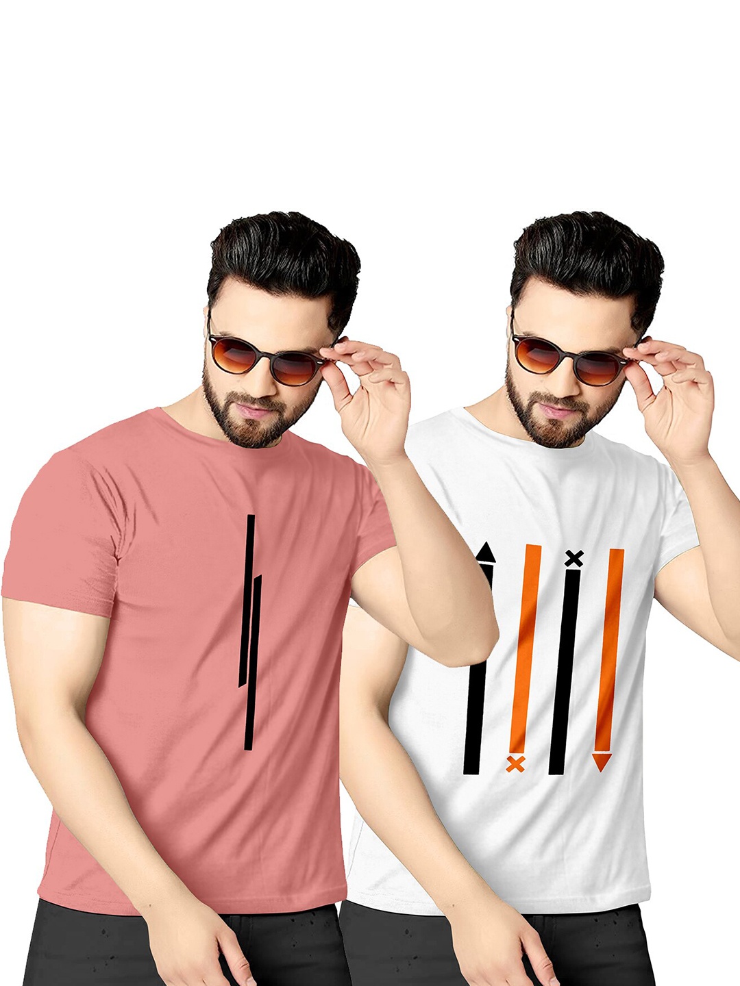 

KAJARU Men Pink Striped V-Neck T-shirt