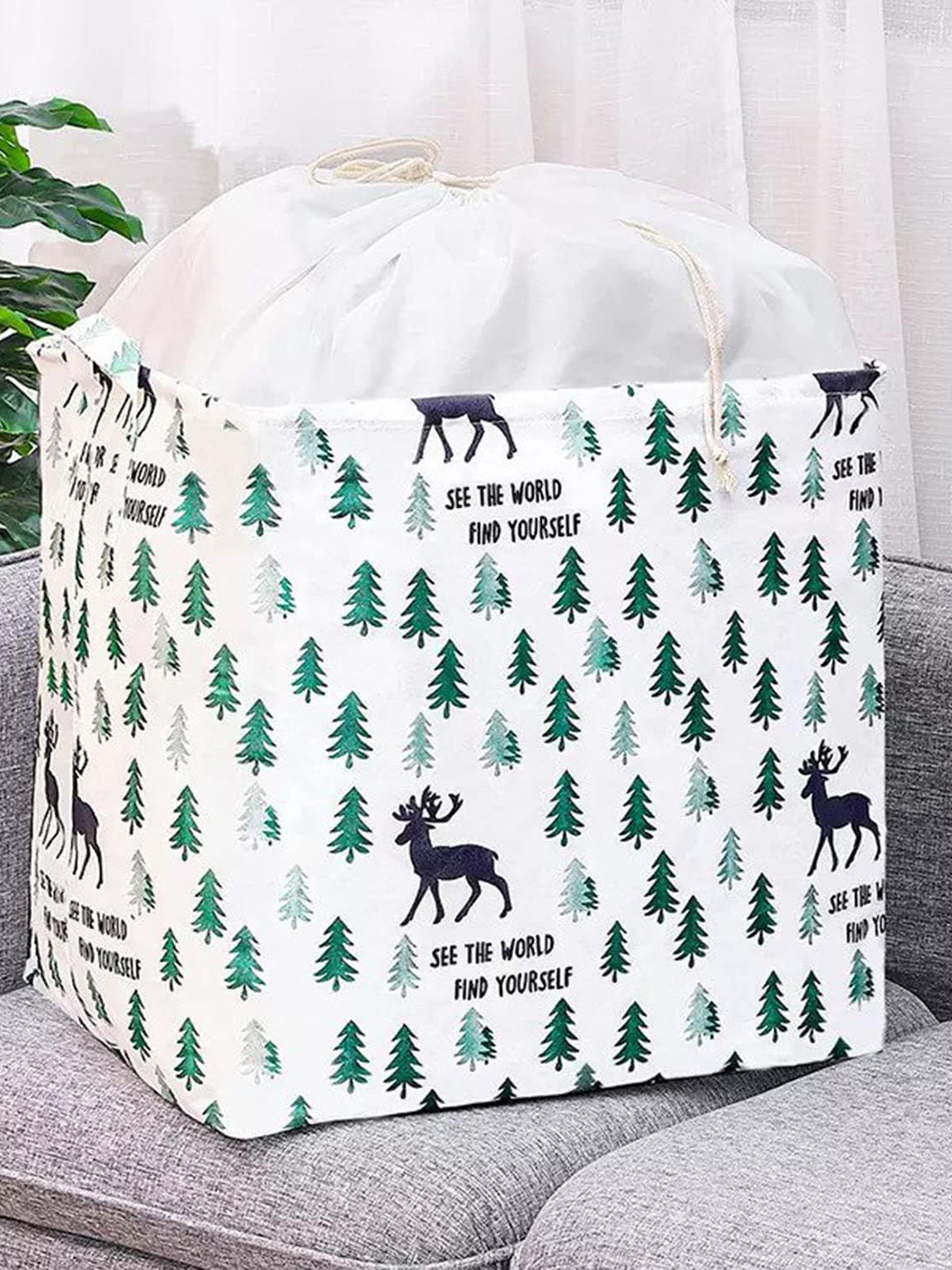 

HOUSE OF QUIRK White & Green Printed Cotton Waterproof Square Storage Laundry Basket 100 L