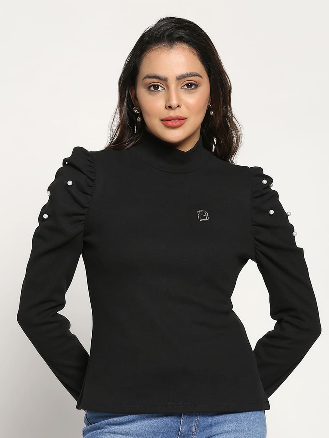 

Beatnik Black Puffed Sleeved Fitted Top