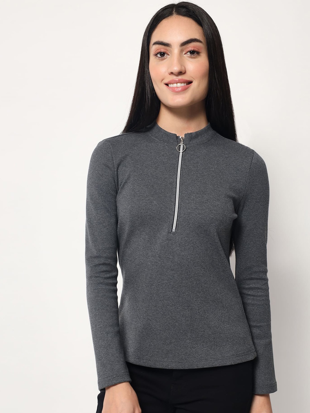 

Beatnik High Neck Half Zipper Top, Grey