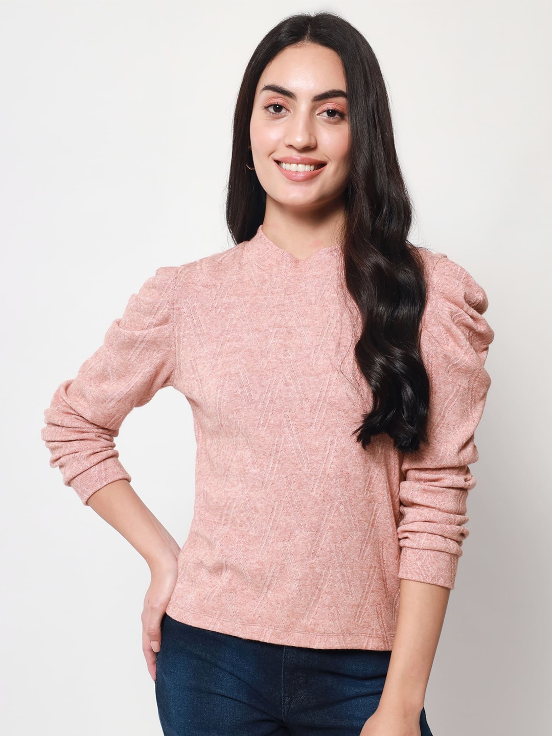 

Beatnik Self Design Puff Sleeves Wool Top, Beige