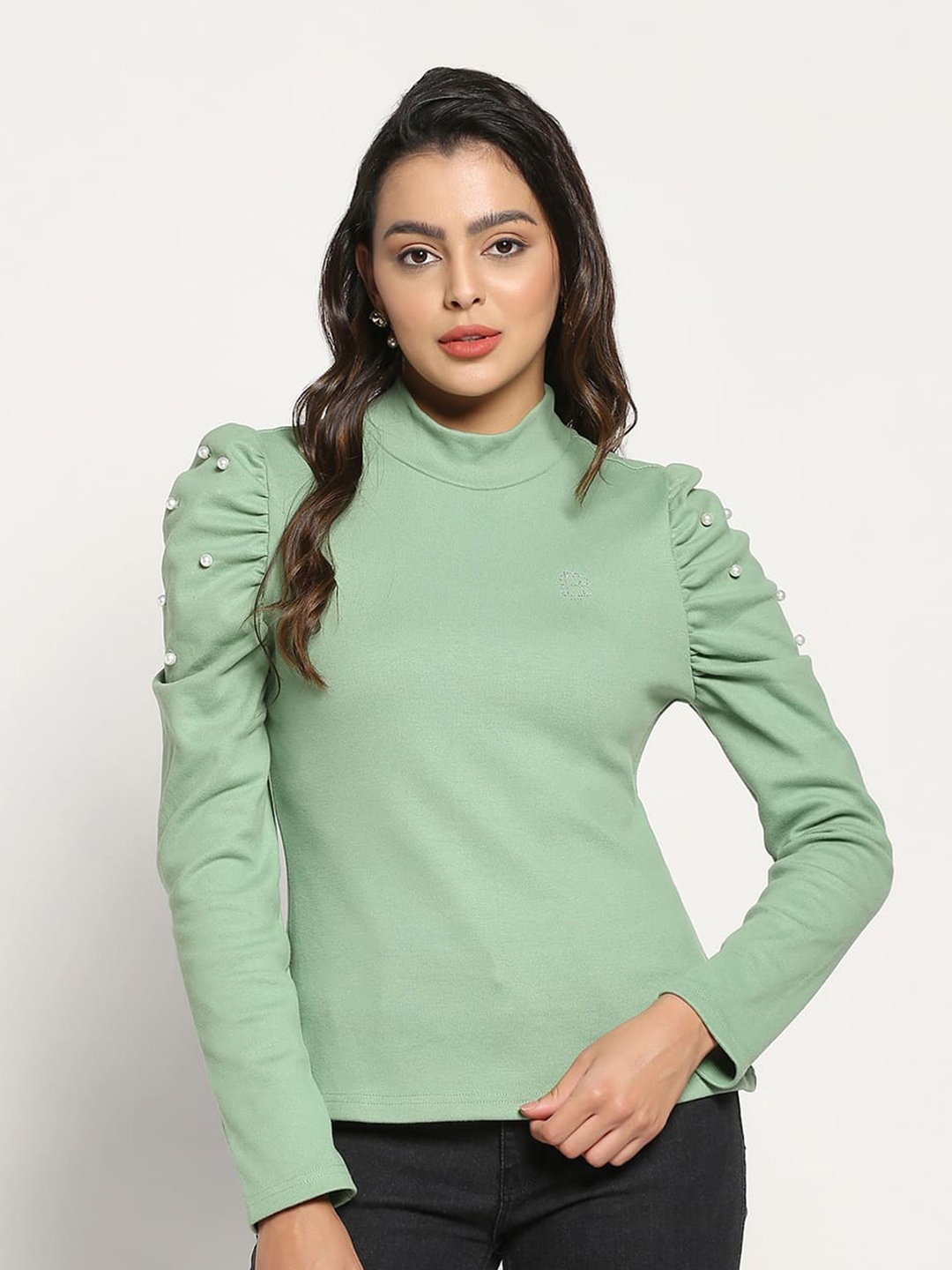 

Beatnik Green Puffed Sleeved High Neck Top