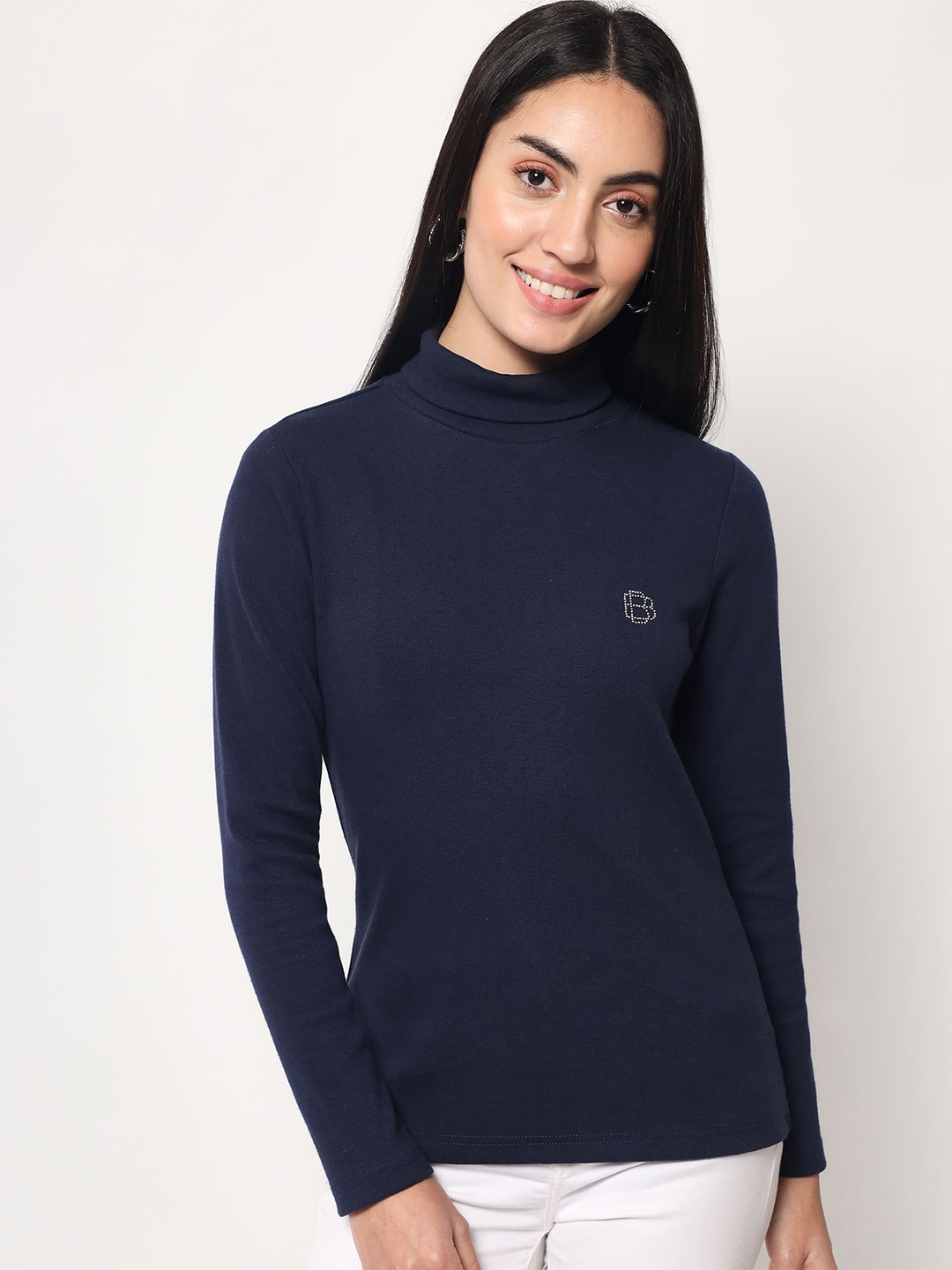 

Beatnik Women Turtle Neck Cotton T-shirt, Blue