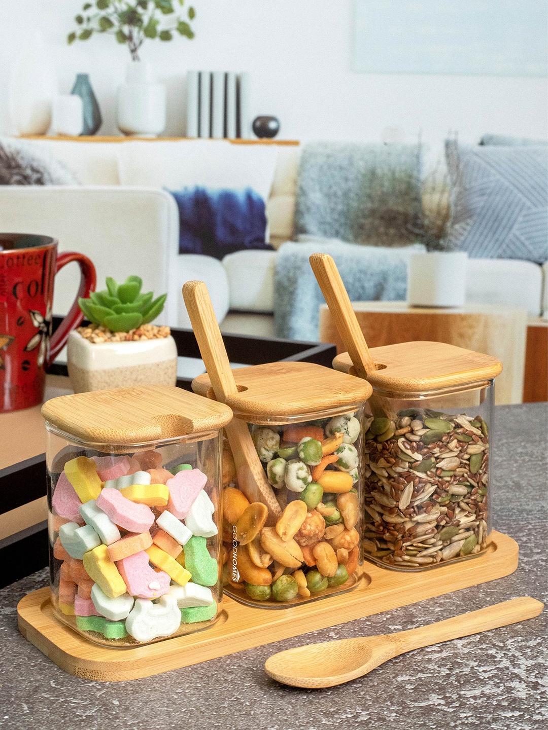 

GOODHOMES Transparent Set Of 3 Food Storage Jar With 3 Pc Spoons Lid & Tray