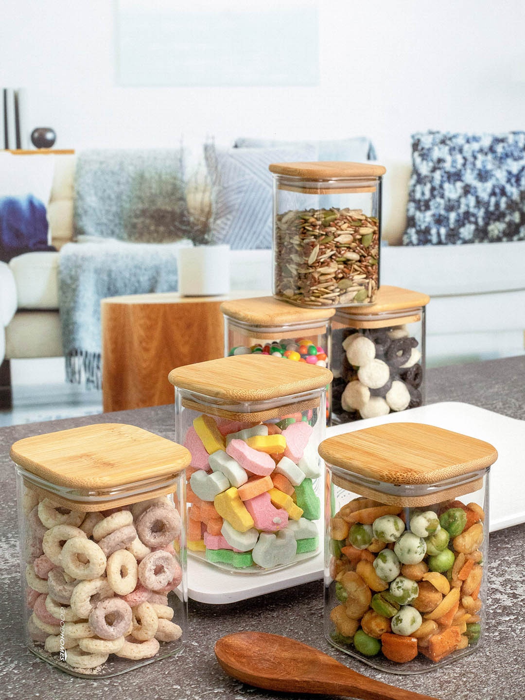 

GOODHOMES Transparent Set Of 6 Glass Storage Jar With Wooden Lid 230 ml Each