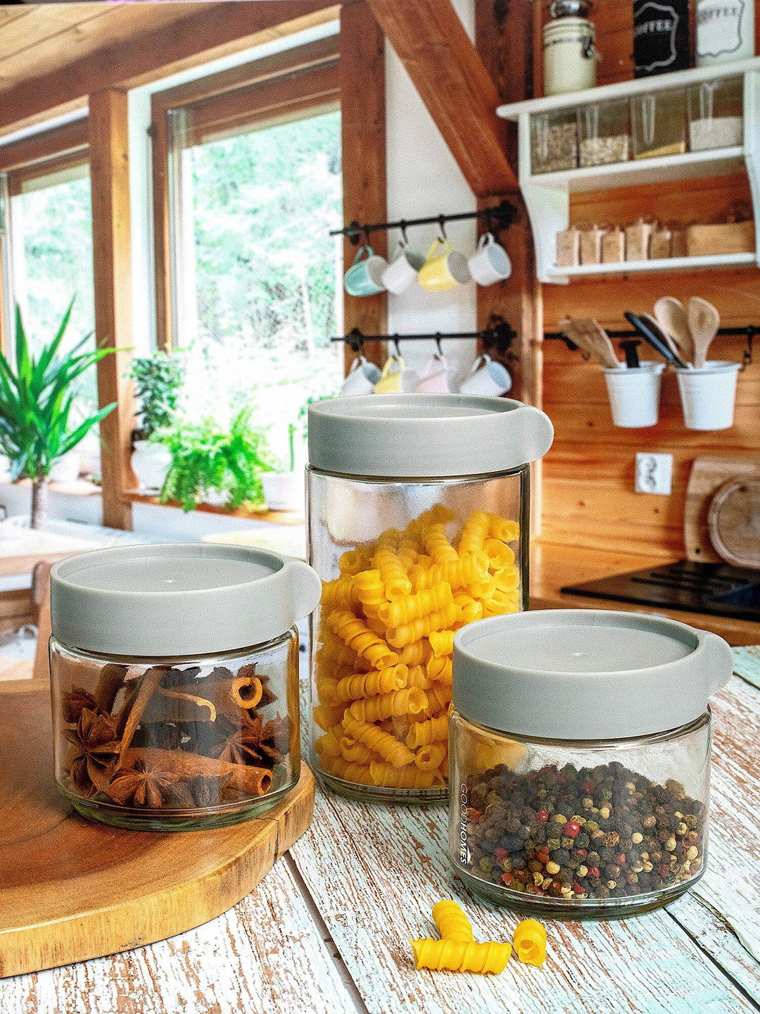 

GOODHOMES Transparent Set of 2pcs Small Jar 290 ml 1pc Medium Jar 600 ml with Grey Lid