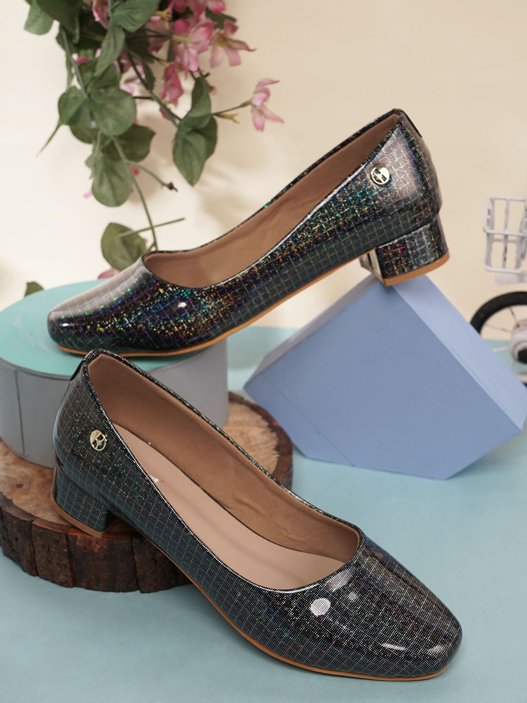 

ELLE Printed Closed Back Block Pumps, Black
