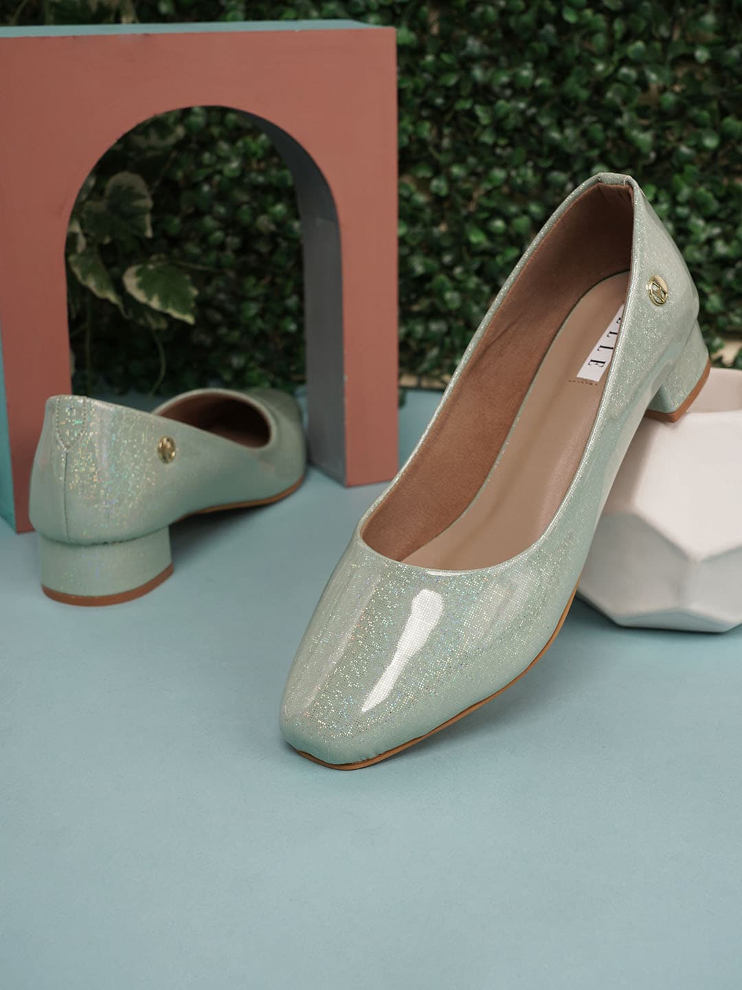 

ELLE Printed Closed Back Block Pumps, Green