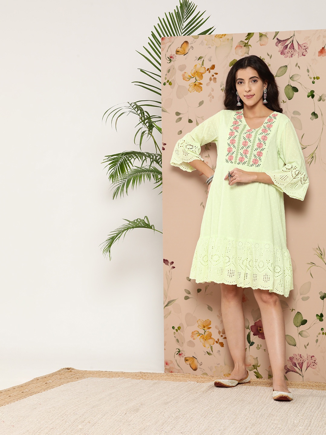 

Juniper Women Tiered Embroidered A-Line Dress, Green