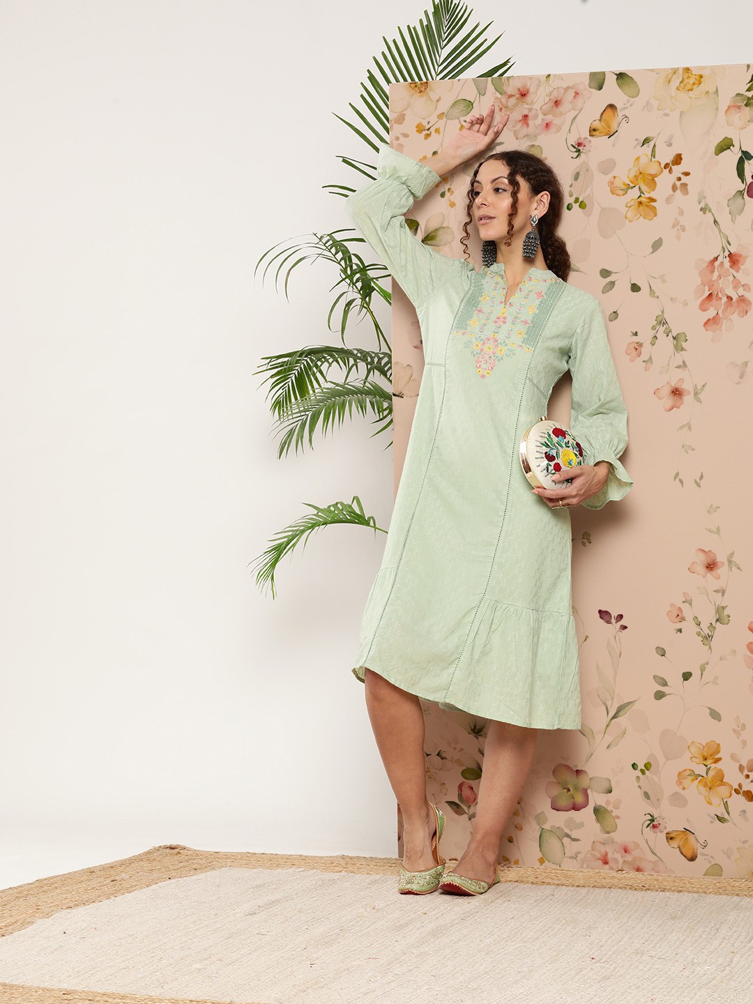 

Juniper Women Self Design Tiered A-Line Dress, Green