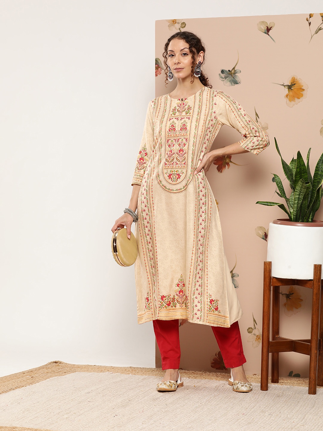 

Juniper Women Ethnic Motifs Printed Keyhole Neck Kurta, Cream