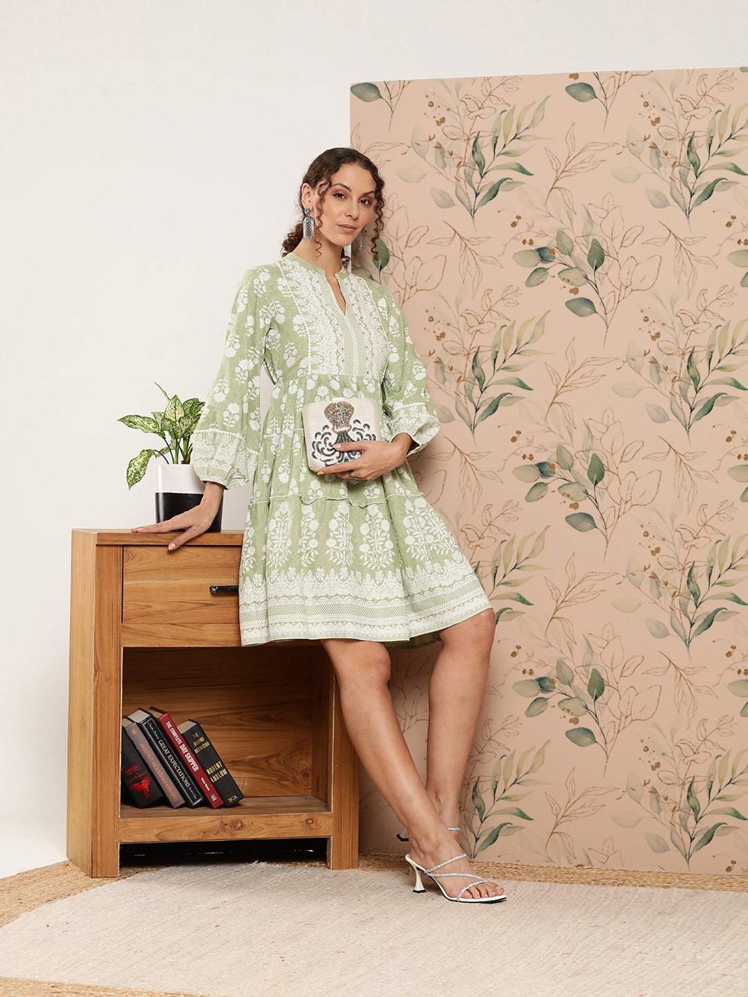 

Juniper Floral Printed Puff Sleeves Tiered Ethnic Dress, Green