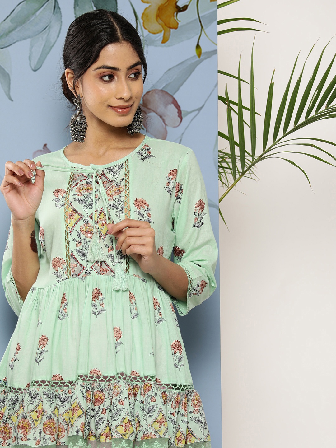 

Juniper Floral Printed Gathered Detail Empire Tunic, Green