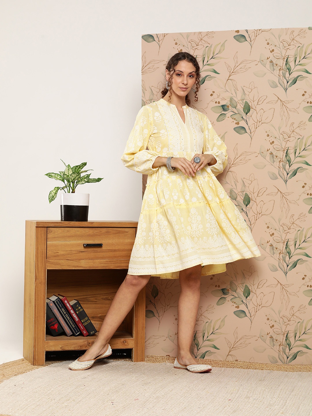 

Juniper Floral Printed Puff Sleeves Tiered Ethnic Dress, Yellow