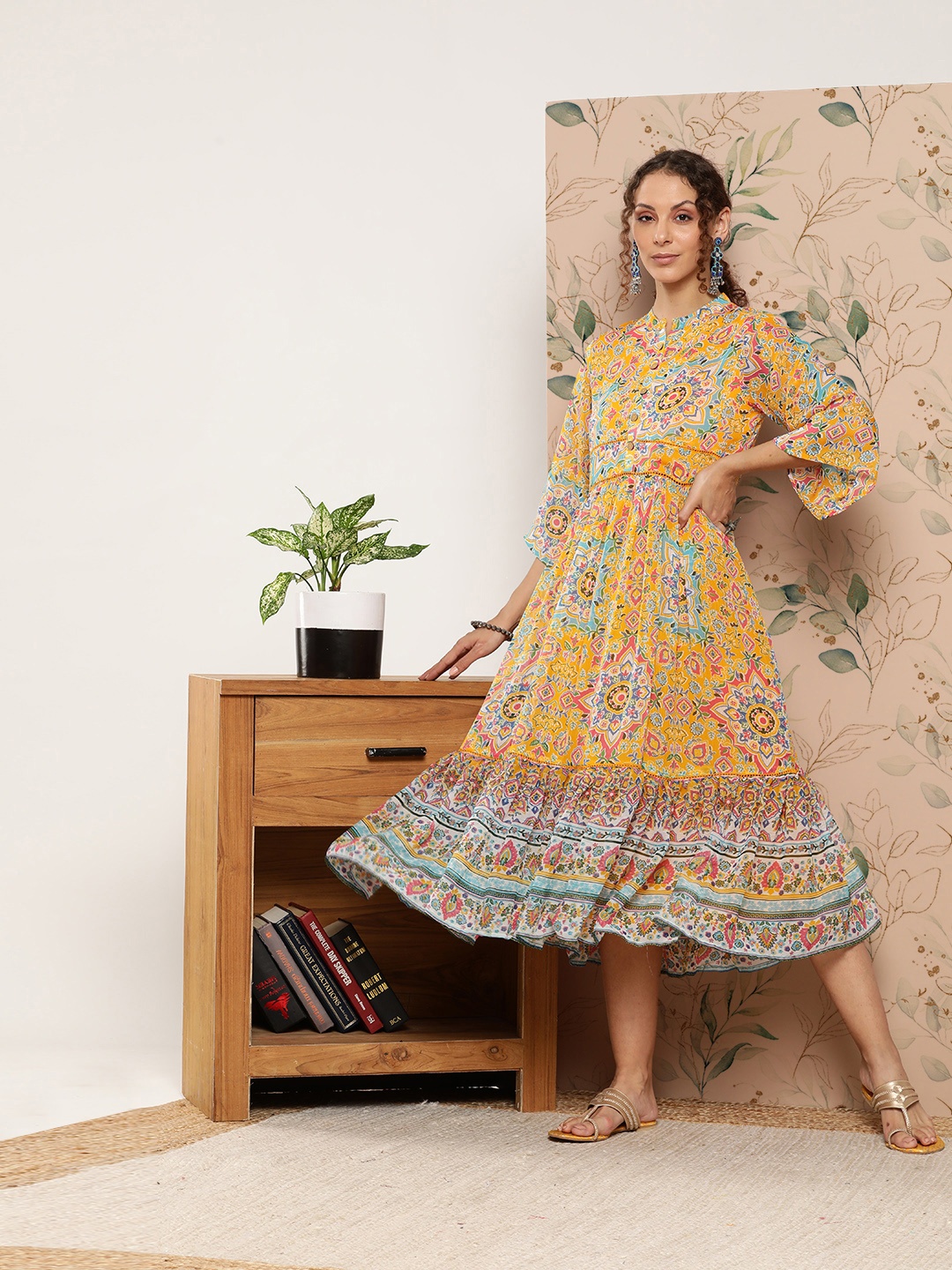 

Juniper Printed Flared Sleeves Tiered Maxi Ethnic Dress, Mustard