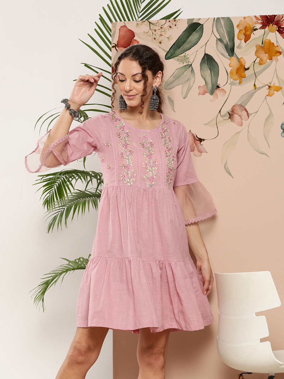 

Juniper Women Embroidered Tiered A-Line Dress, Pink